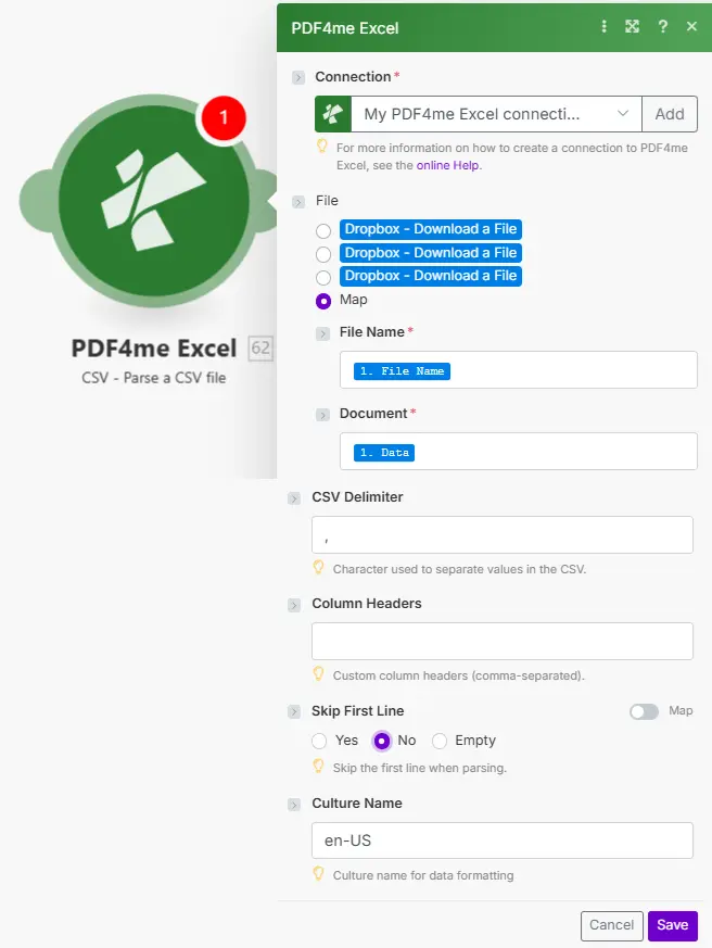 Clicca per ingrandire Crea il modulo PDF4me Excel Parse CSV mostrando Connessione, File impostato su Mappa con campi Nome file e Documento, Delimitatore CSV impostato su virgola, Intestazioni di colonna vuote, Salta la prima riga impostato su No e Nome cultura impostato su en-US